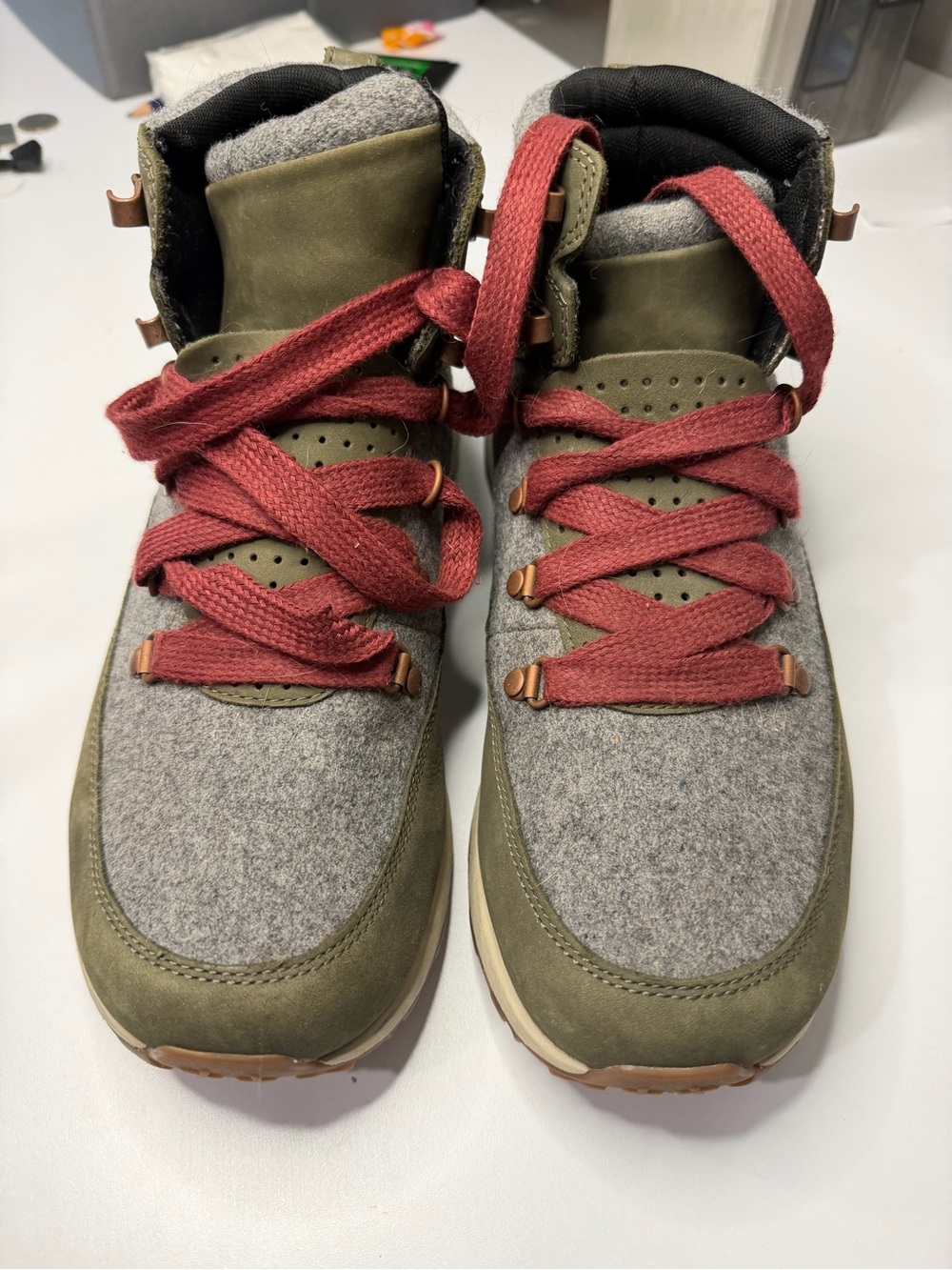 Women’s Merrell Chukka Olive Green and Gray Hiking Sneakers with Red Laces